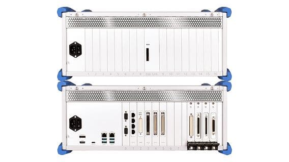 Expansion unit on top with 16 additional slots, connected to base unit with 11 I/O slots. Rear I/O access.